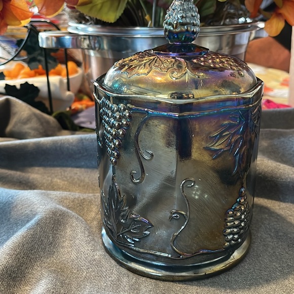 Vintage Blue Carnival Glass Canister Jar w/Lid - Picture 2 of 6